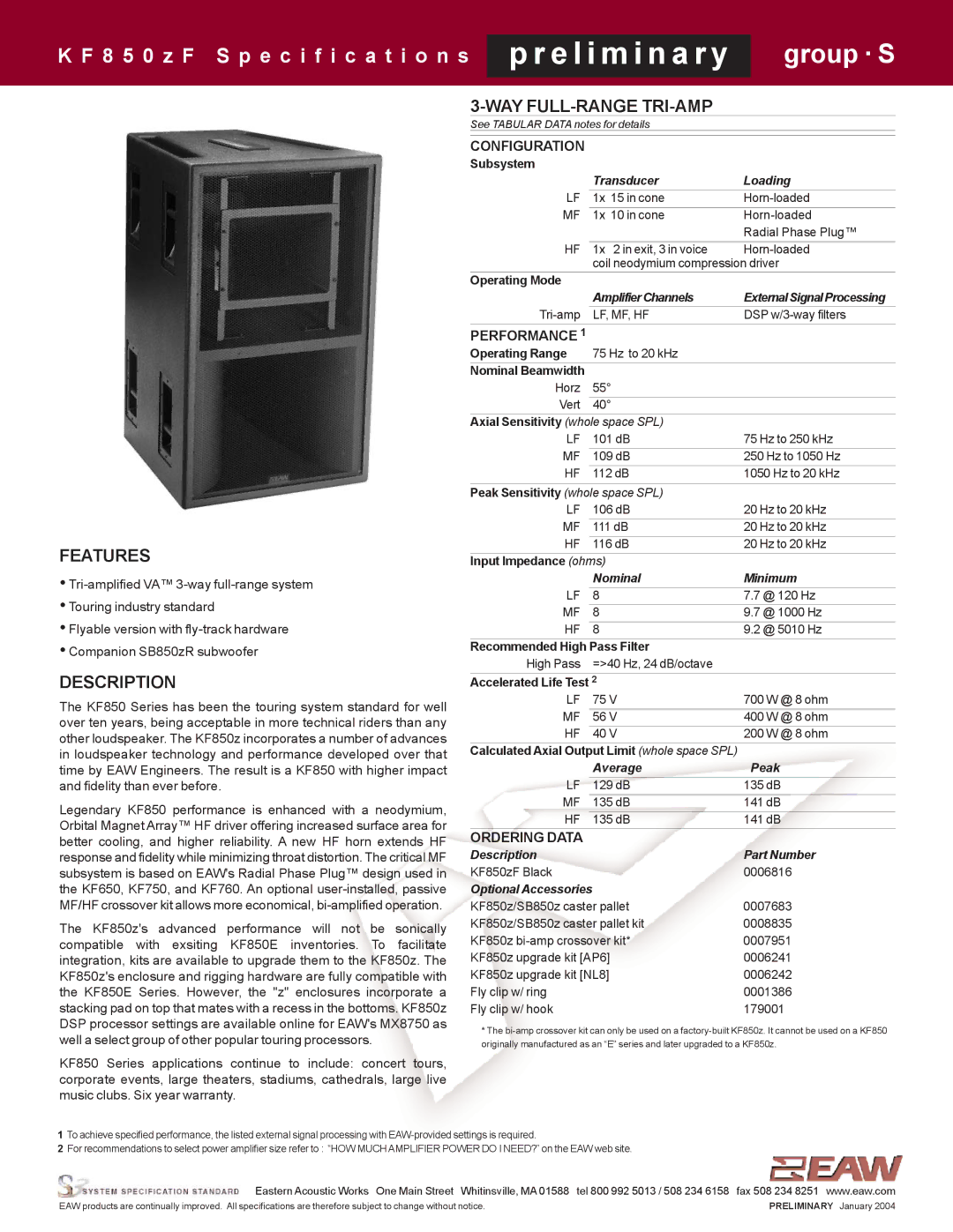 EAW KF850zF specifications Features, Way Full-Range Tri-Amp, Description 