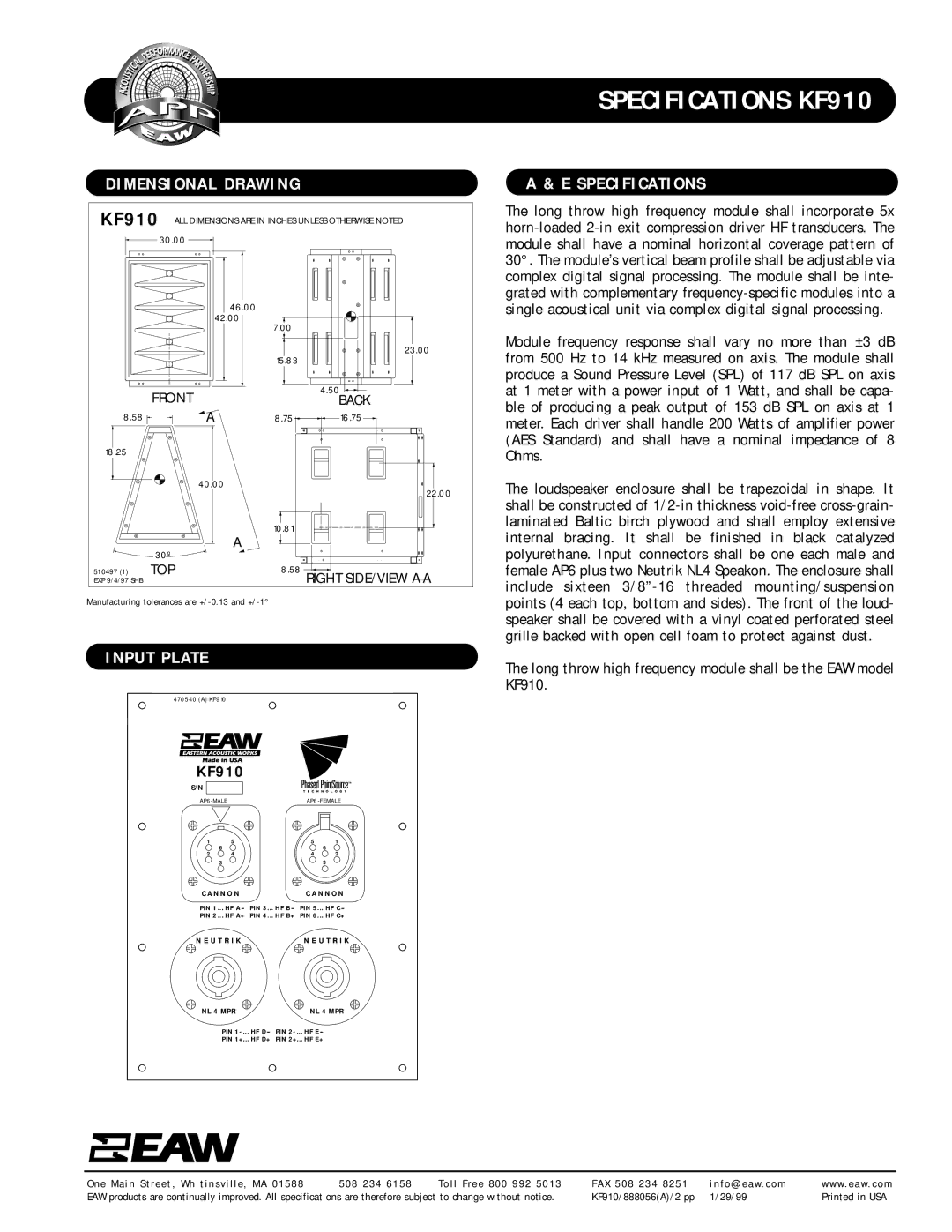 EAW KF910 specifications Dimensional Drawing, Input Plate, Specifications 