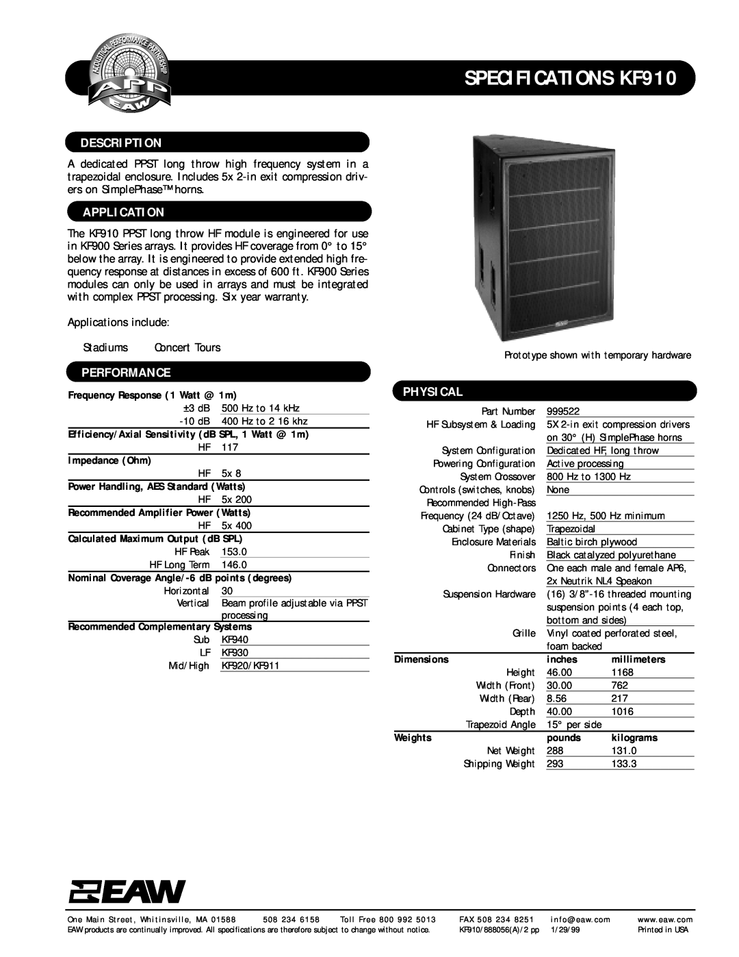 EAW specifications SPECIFICATIONS KF910, Description, Application, Performance, Physical 