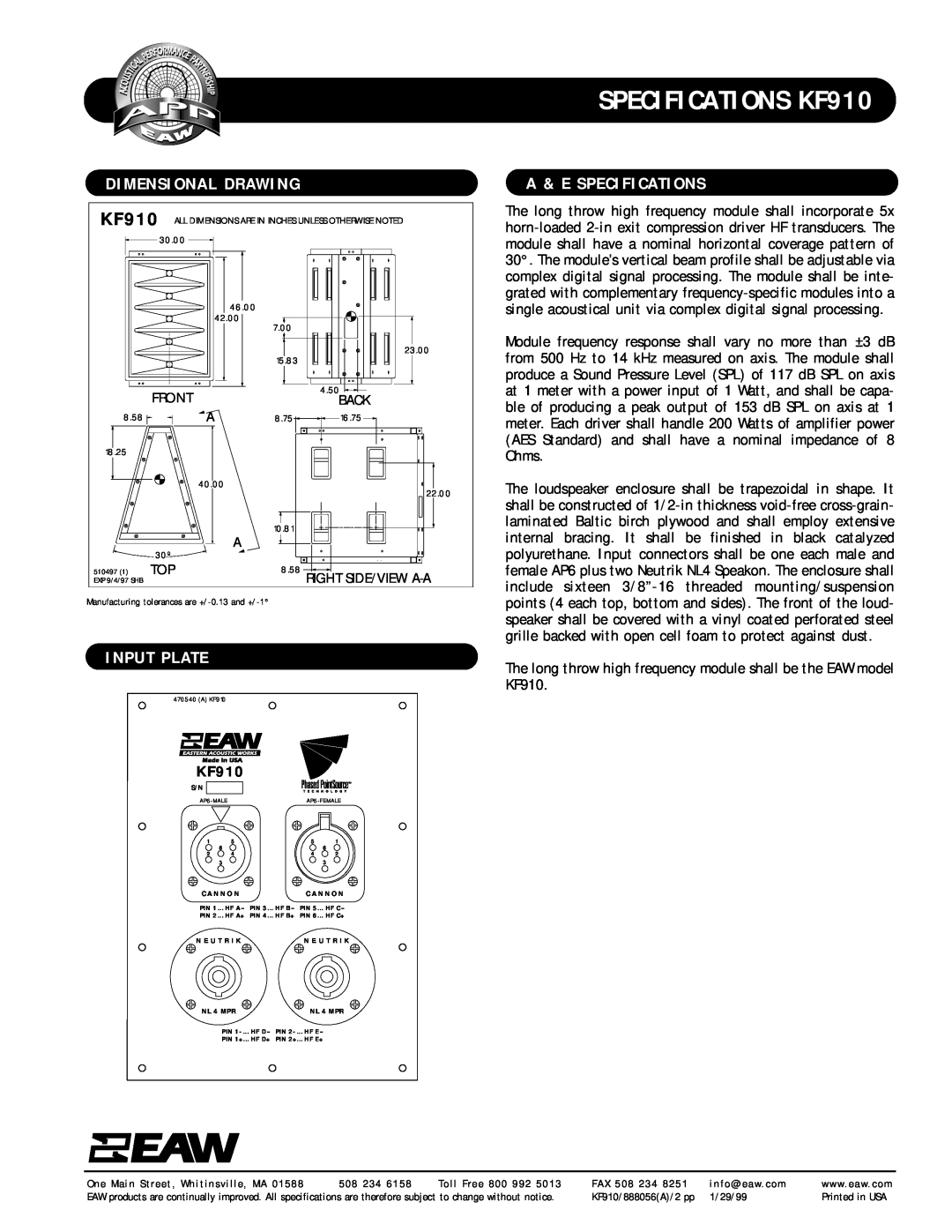 EAW specifications Dimensional Drawing, Input Plate, A & E Specifications, SPECIFICATIONS KF910 