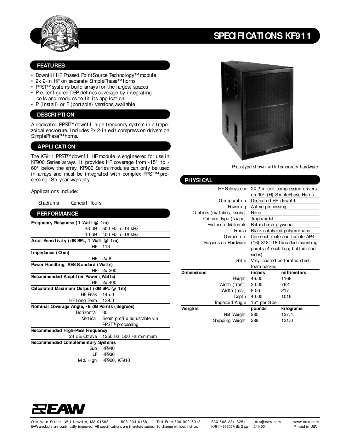 EAW KF911 specifications Features, Description, Application, Performance, Physical 