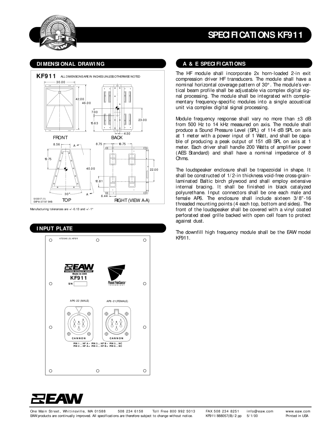 EAW KF911 specifications Dimensional Drawing, Input Plate, Specifications 