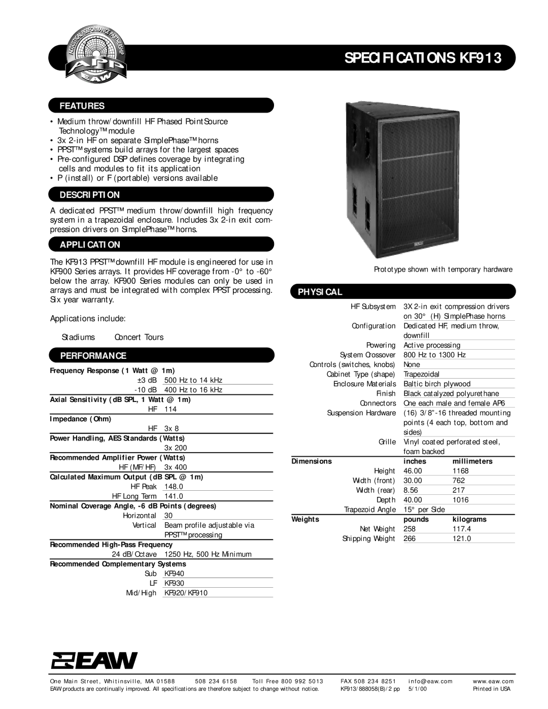 EAW KF913 specifications Features, Description, Application, Performance, Physical 