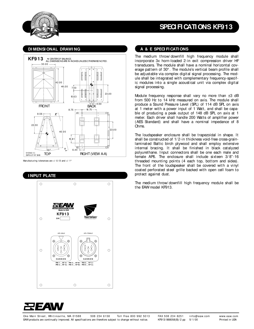 EAW KF913 specifications Dimensional Drawing, Input Plate, Specifications 