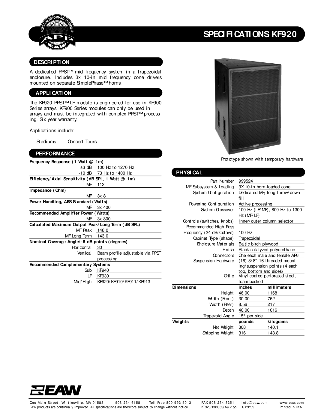 EAW KF920 specifications Description, Application, Performance, Physical 