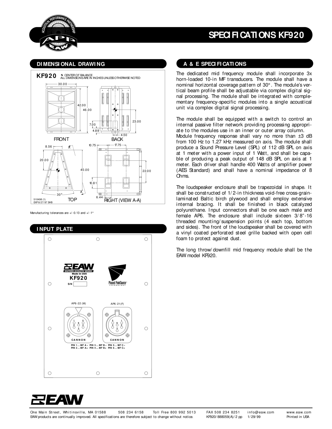 EAW KF920 specifications Dimensional Drawing, Input Plate, Specifications 