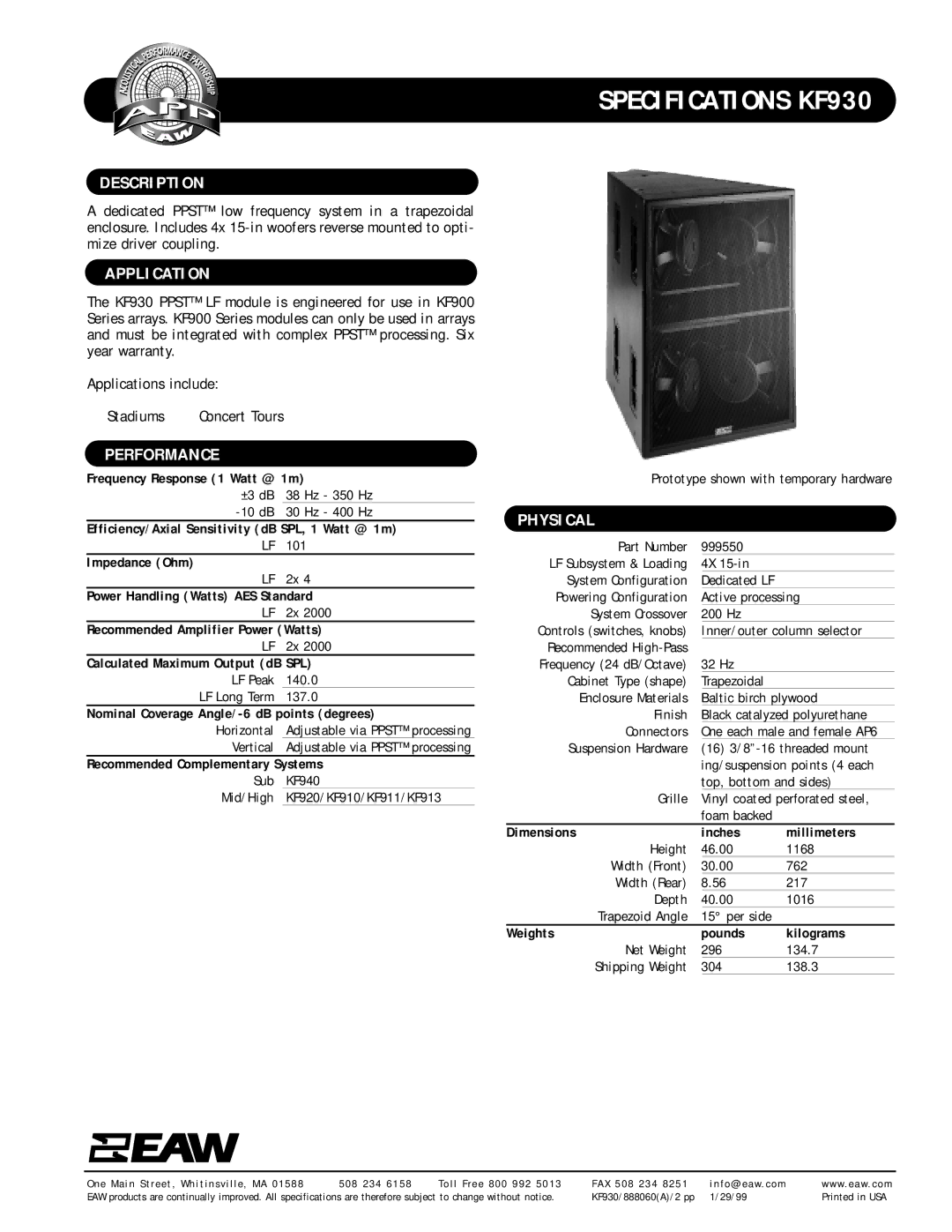 EAW KF930 specifications Description, Application, Performance, Physical 