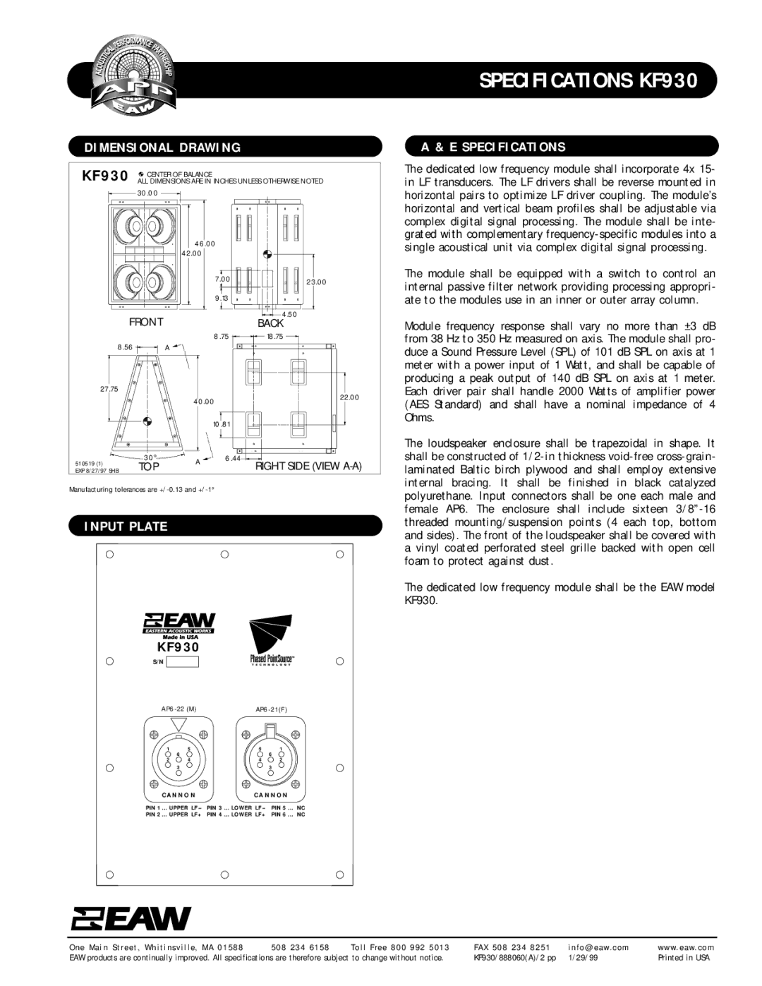 EAW KF930 specifications Dimensional Drawing, Input Plate, Specifications 