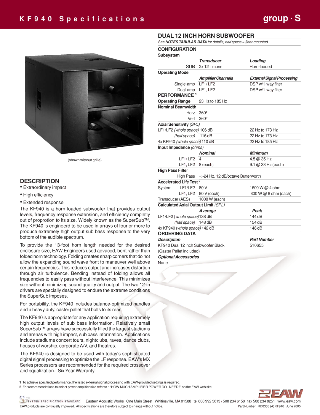 EAW KF940 specifications Dual 12 Inch Horn Subwoofer, Description 