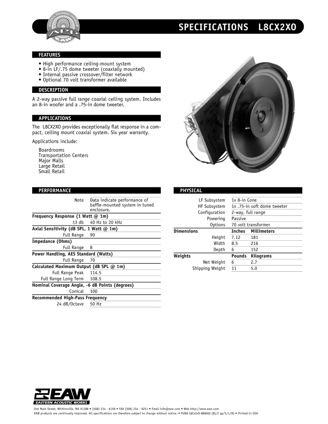 EAW specifications Specifications L8CX2XO 