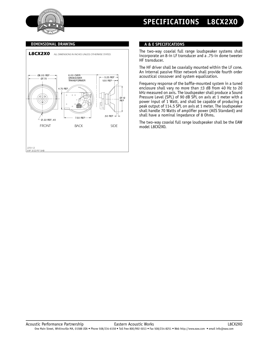 EAW L8CX2XO specifications Dimensional Drawing, Specifications 