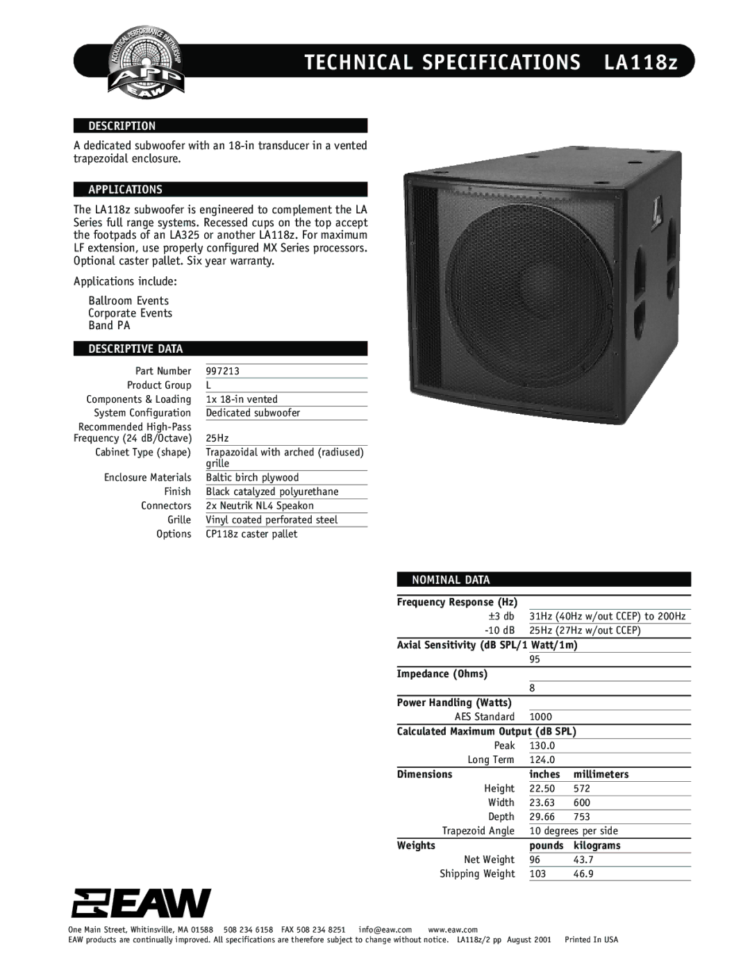 EAW technical specifications Technical Specifications LA118z, Description, Applications, Descriptive Data, Nominal Data 