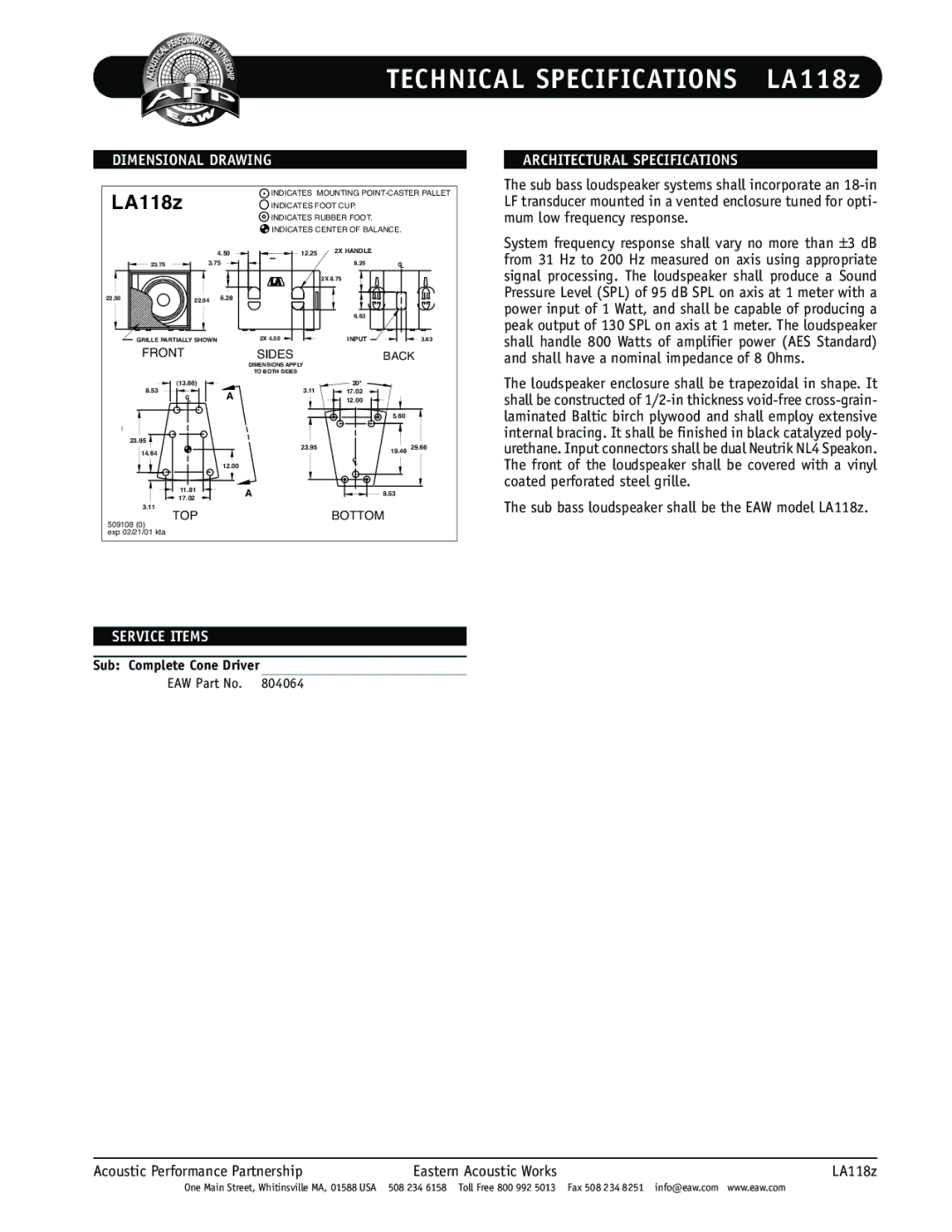 EAW LA118z Dimensional Drawing, Service Items, Architectural Specifications, Sub Complete Cone Driver 