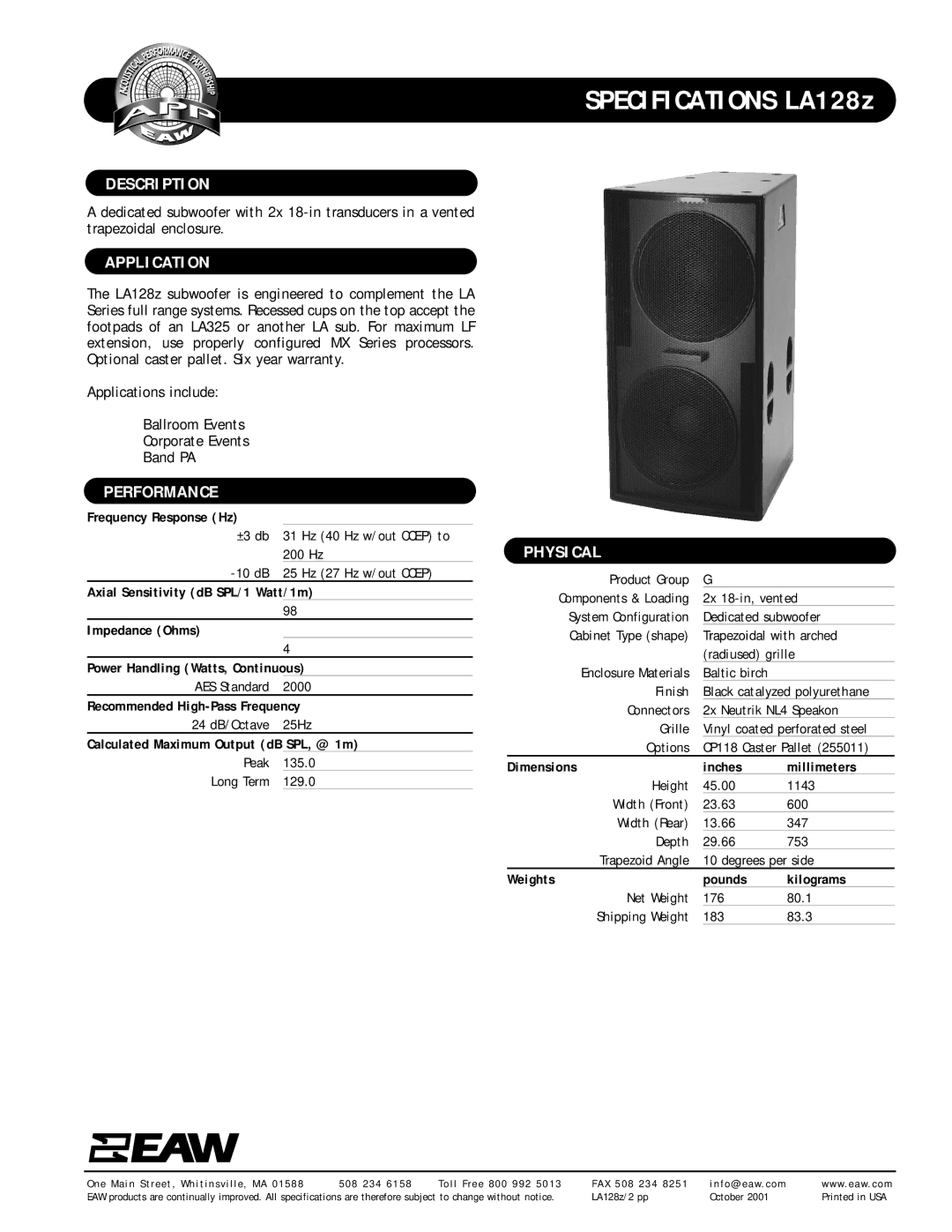 EAW LA128z specifications Description, Application, Performance, Physical 