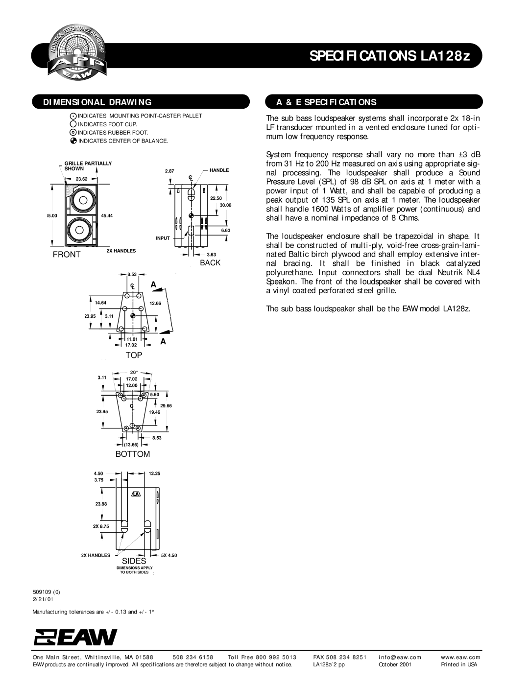 EAW LA128z specifications Dimensional Drawing, Specifications, Front, Sides 