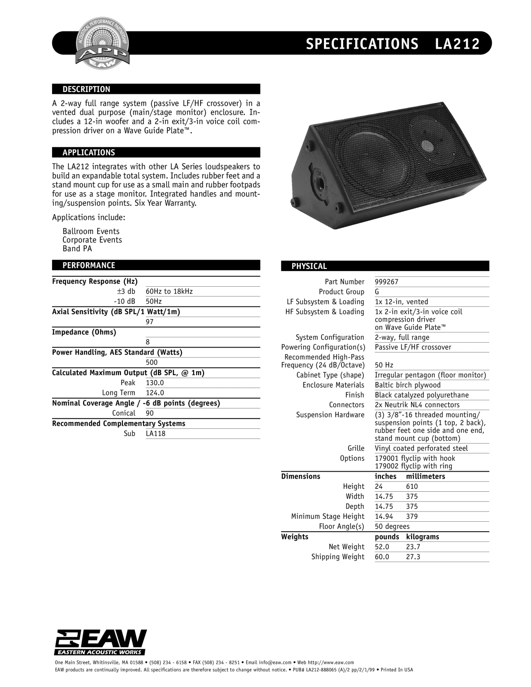 EAW specifications Specifications LA212, Description, Applications, Performance, Physical 