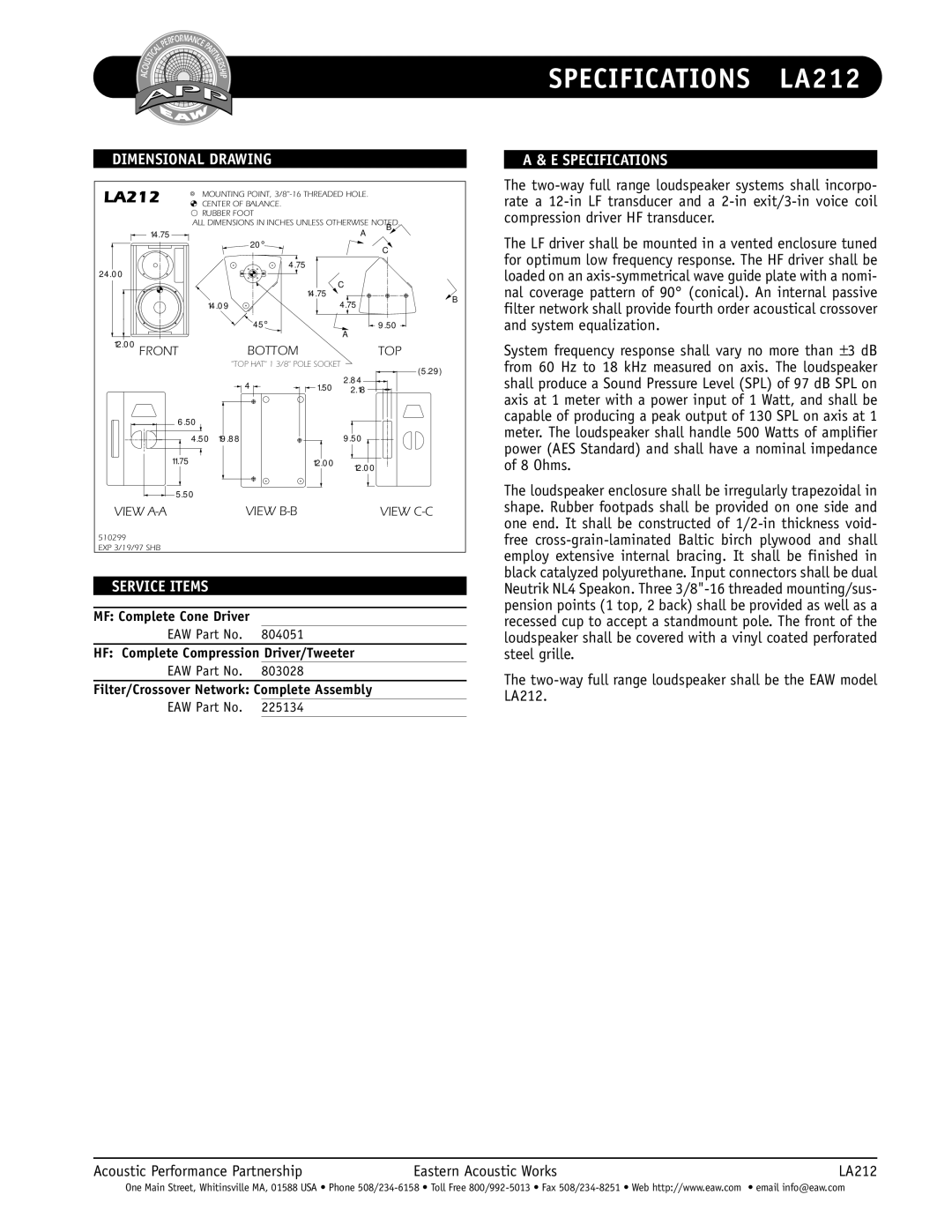 EAW LA212 specifications Dimensional Drawing, Service Items, Specifications 