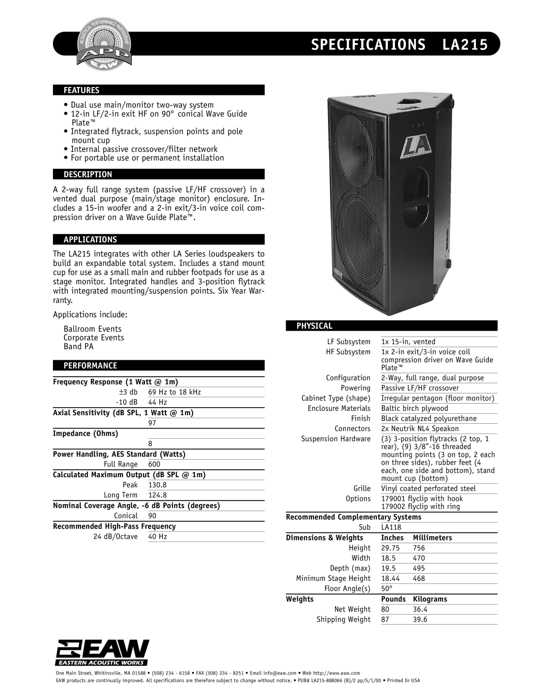 EAW specifications Specifications LA215 