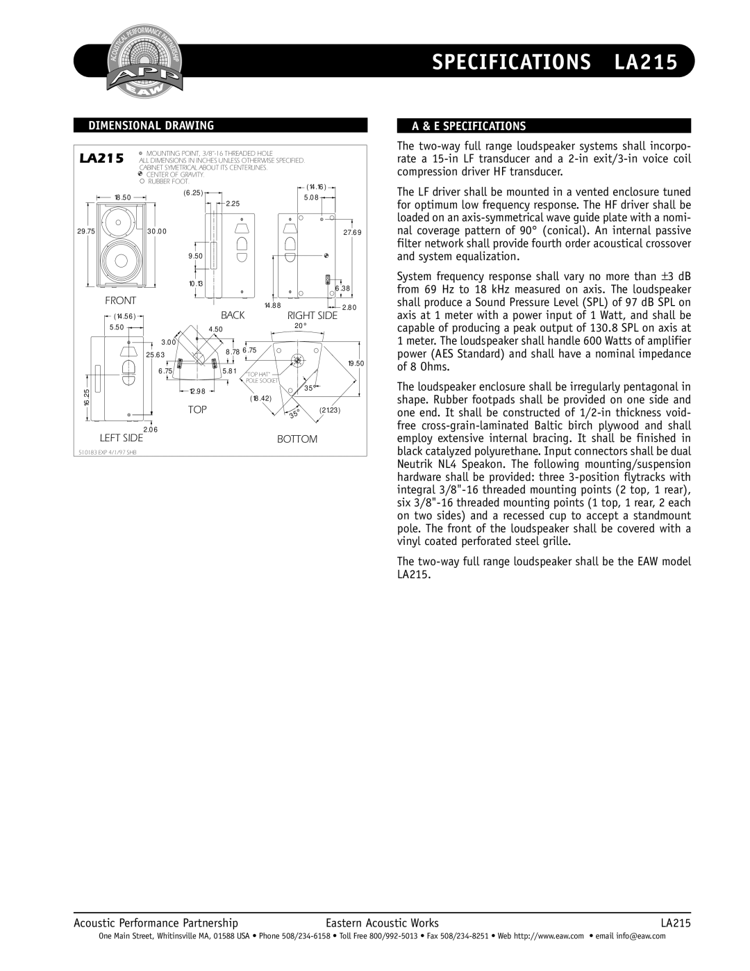 EAW LA215 specifications Dimensional Drawing, Specifications 