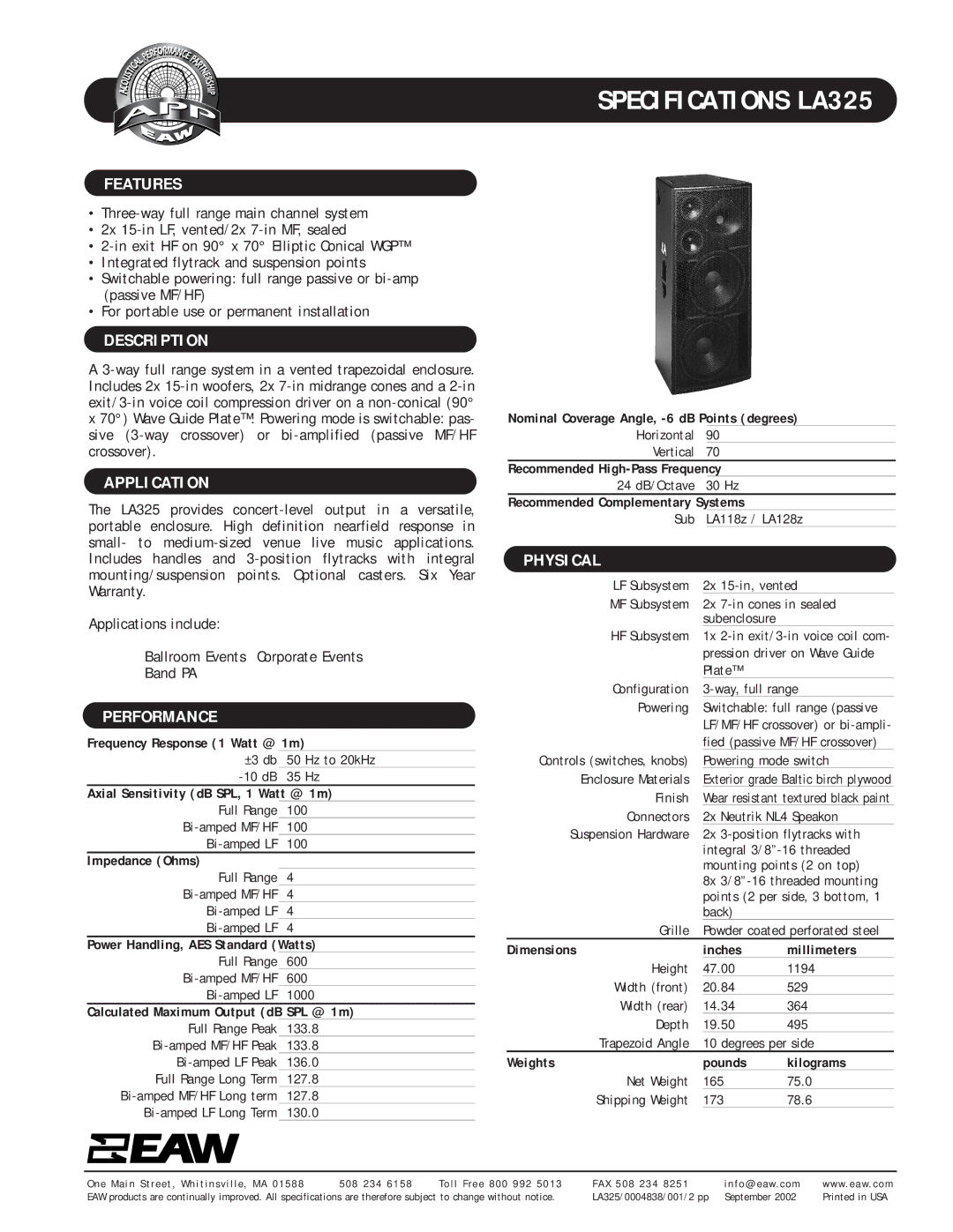 EAW LA325 specifications Features, Description, Application, Performance, Physical 