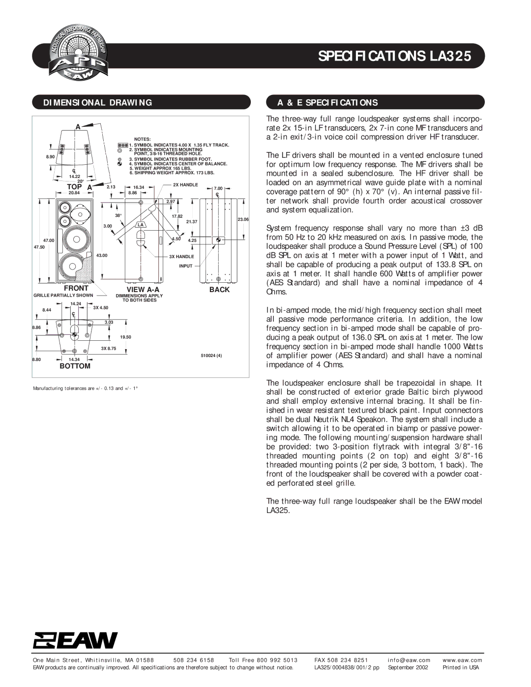 EAW LA325 specifications Dimensional Drawing, Specifications 