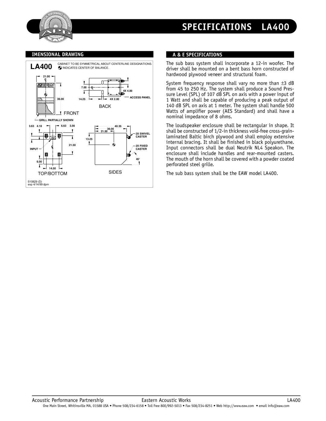 EAW LA400 specifications Imensional Drawing, Specifications, Back 