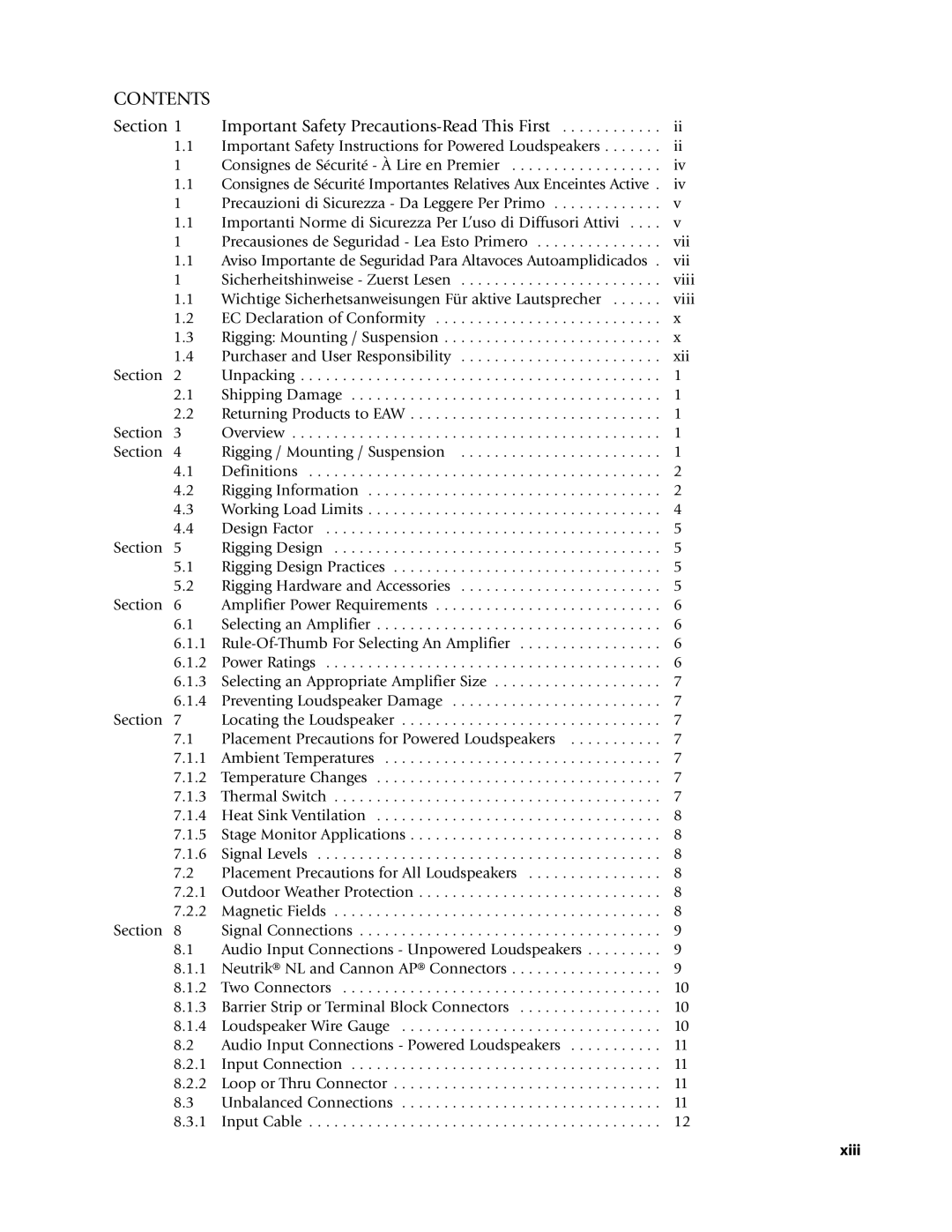 EAW Loudspeaker's owner manual Contents 