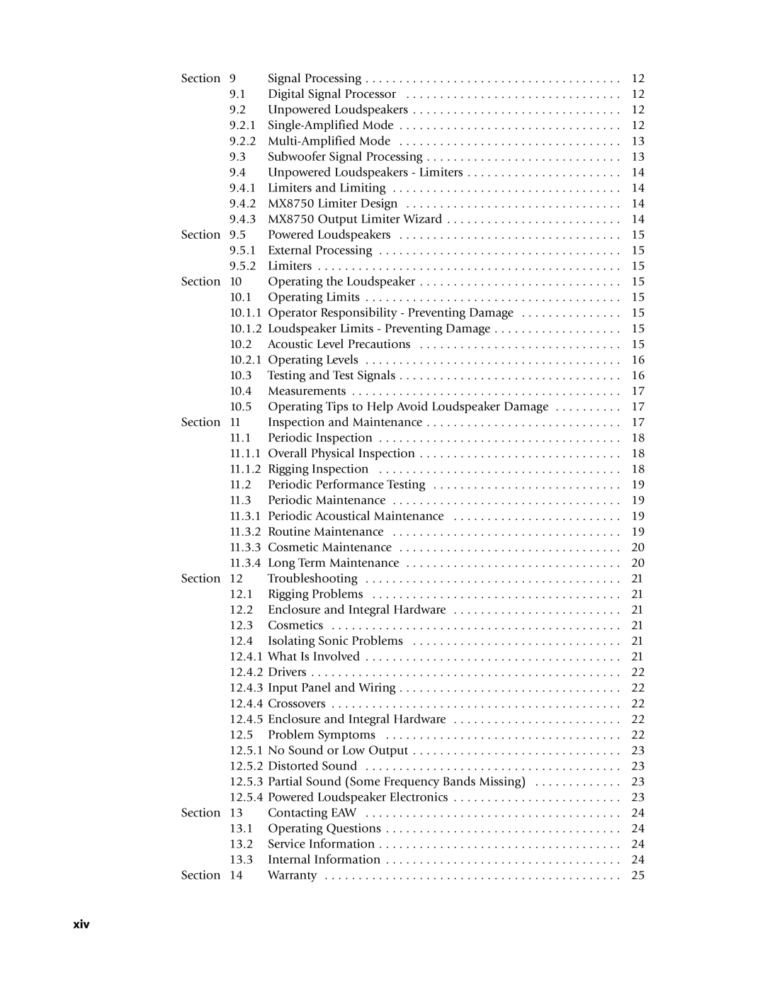 EAW Loudspeaker's owner manual Xiv 