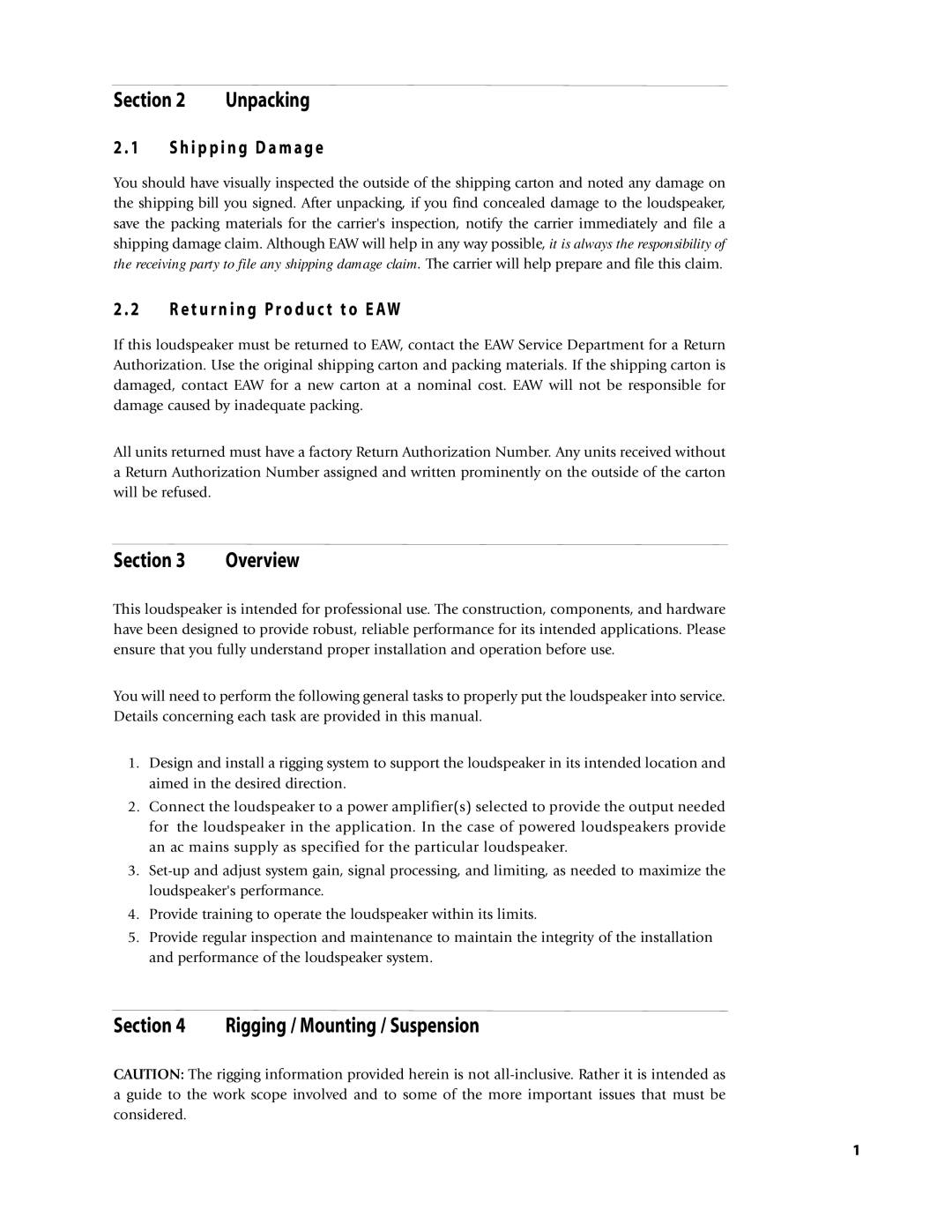 EAW Loudspeaker's owner manual Section, Rigging / Mounting / Suspension, H i p p i n g D a m a g e 