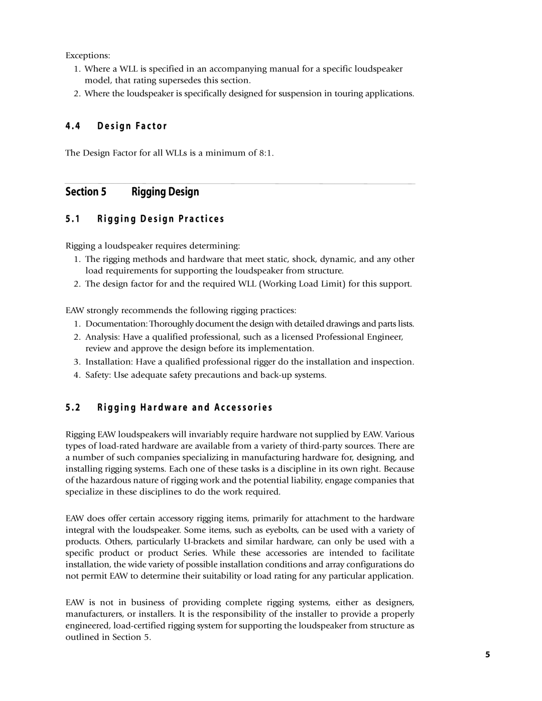 EAW Loudspeaker's owner manual Rigging Design, E s i g n Fa c t o r, I g g i n g D e s i g n P r a c t i c e s 