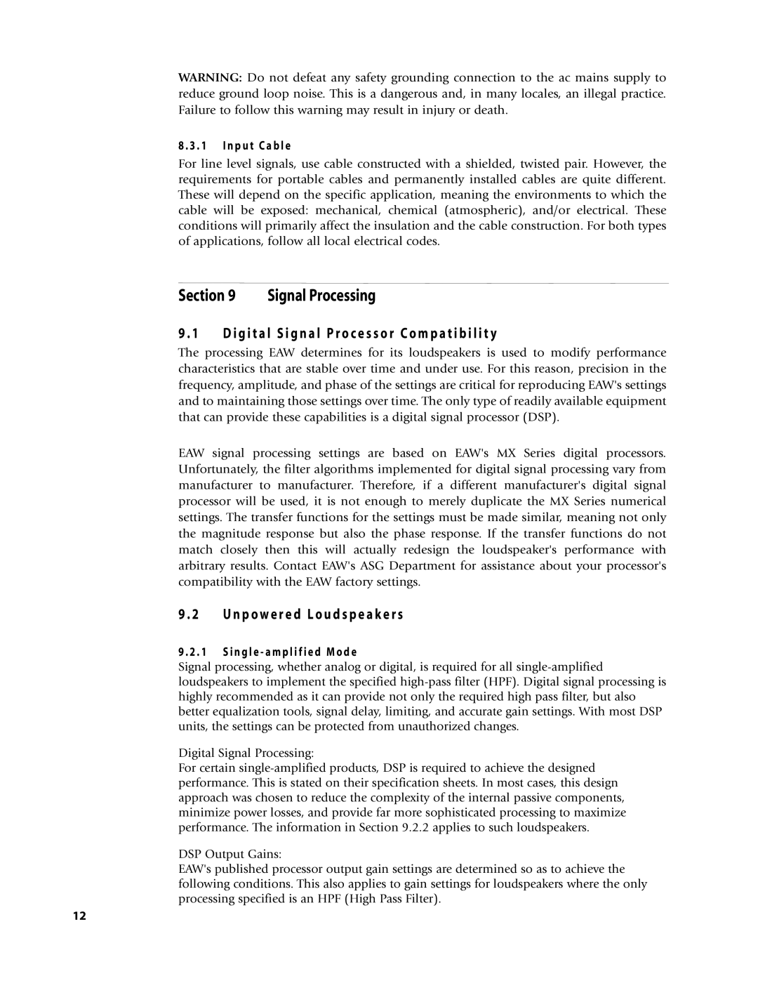 EAW Loudspeaker's owner manual Signal Processing, N p o w e r e d L o u d s p e a k e r s, N p u t C a b l e 