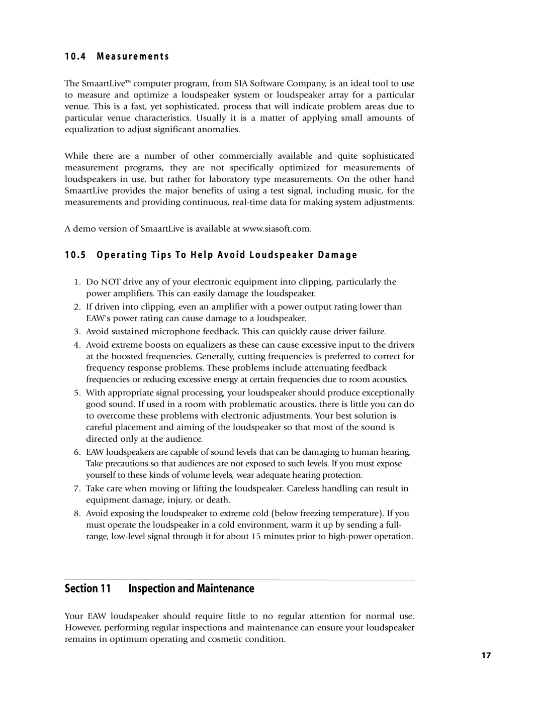 EAW Loudspeaker's owner manual Inspection and Maintenance, E a s u r e m e n t s 