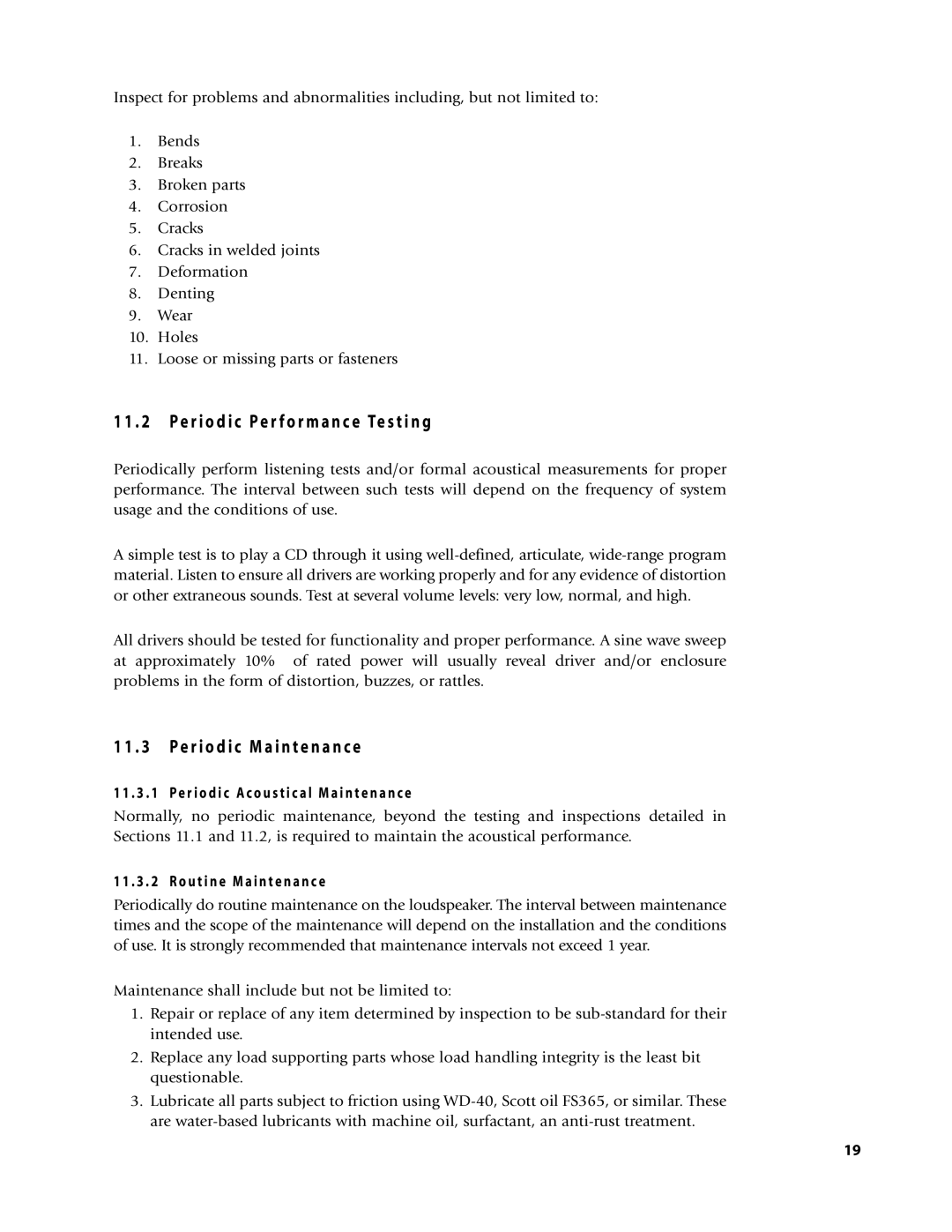 EAW Loudspeaker's owner manual E r i o d i c P e r f o r m a n c e Te s t i n g, E r i o d i c M a i n t e n a n c e 