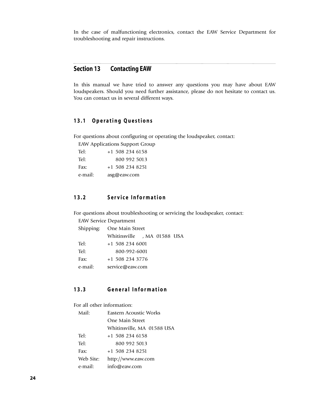 EAW Loudspeaker's owner manual Contacting EAW, P e r a t i n g Q u e s t i o n s 