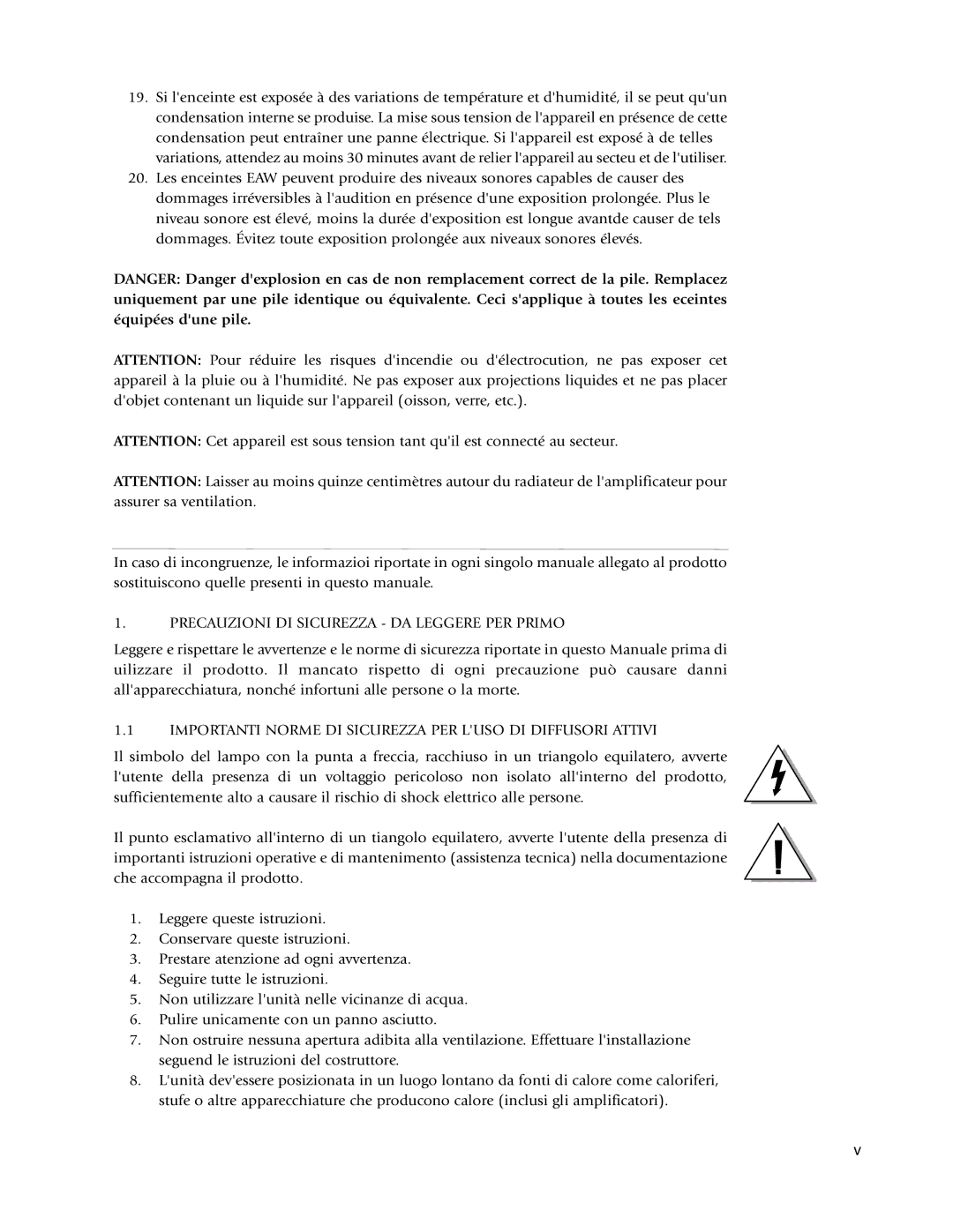 EAW Loudspeaker's owner manual Precauzioni DI Sicurezza DA Leggere PER Primo 