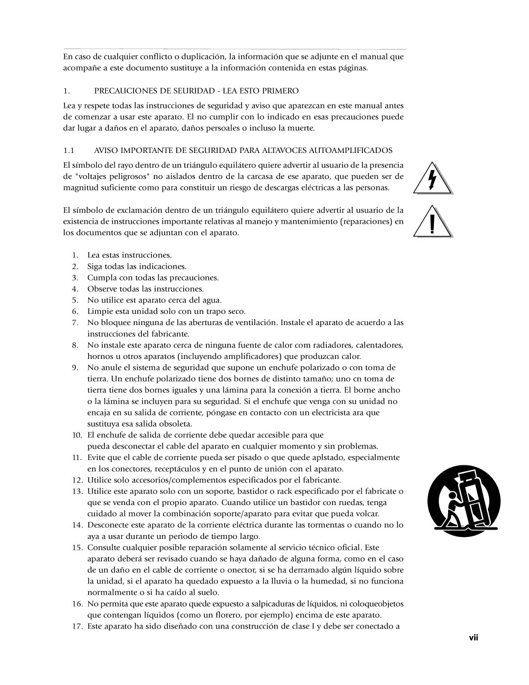 EAW Loudspeaker's owner manual Precauciones DE Seuridad LEA Esto Primero, Vii 