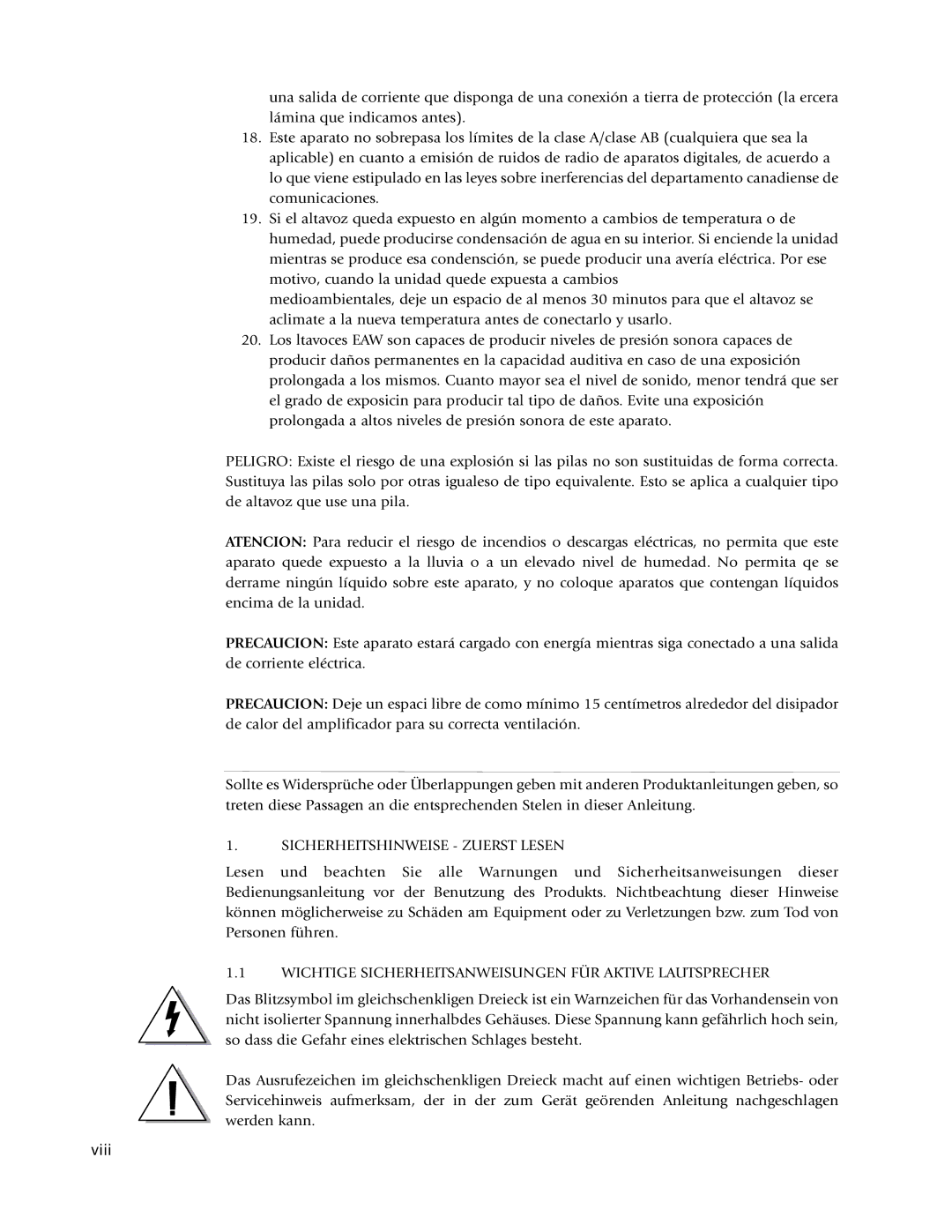 EAW Loudspeaker's owner manual Sicherheitshinweise Zuerst Lesen, Viii 