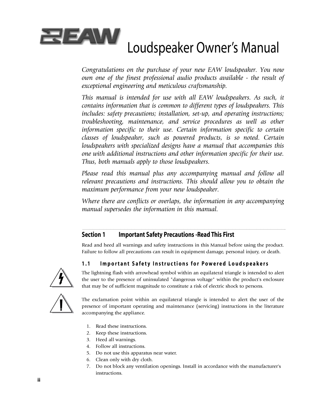 EAW Loudspeaker's owner manual Important Safety Precautions -Read This First, Loudspeaker Owner’s Manual 