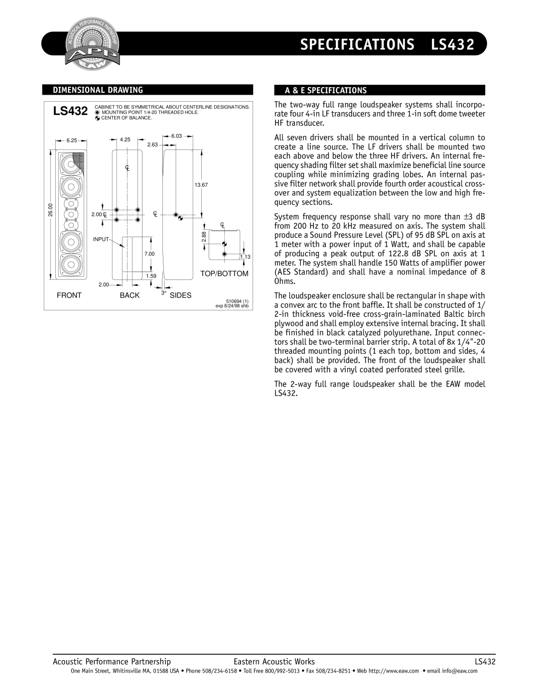 EAW LS432 specifications Dimensional Drawing, Specifications 