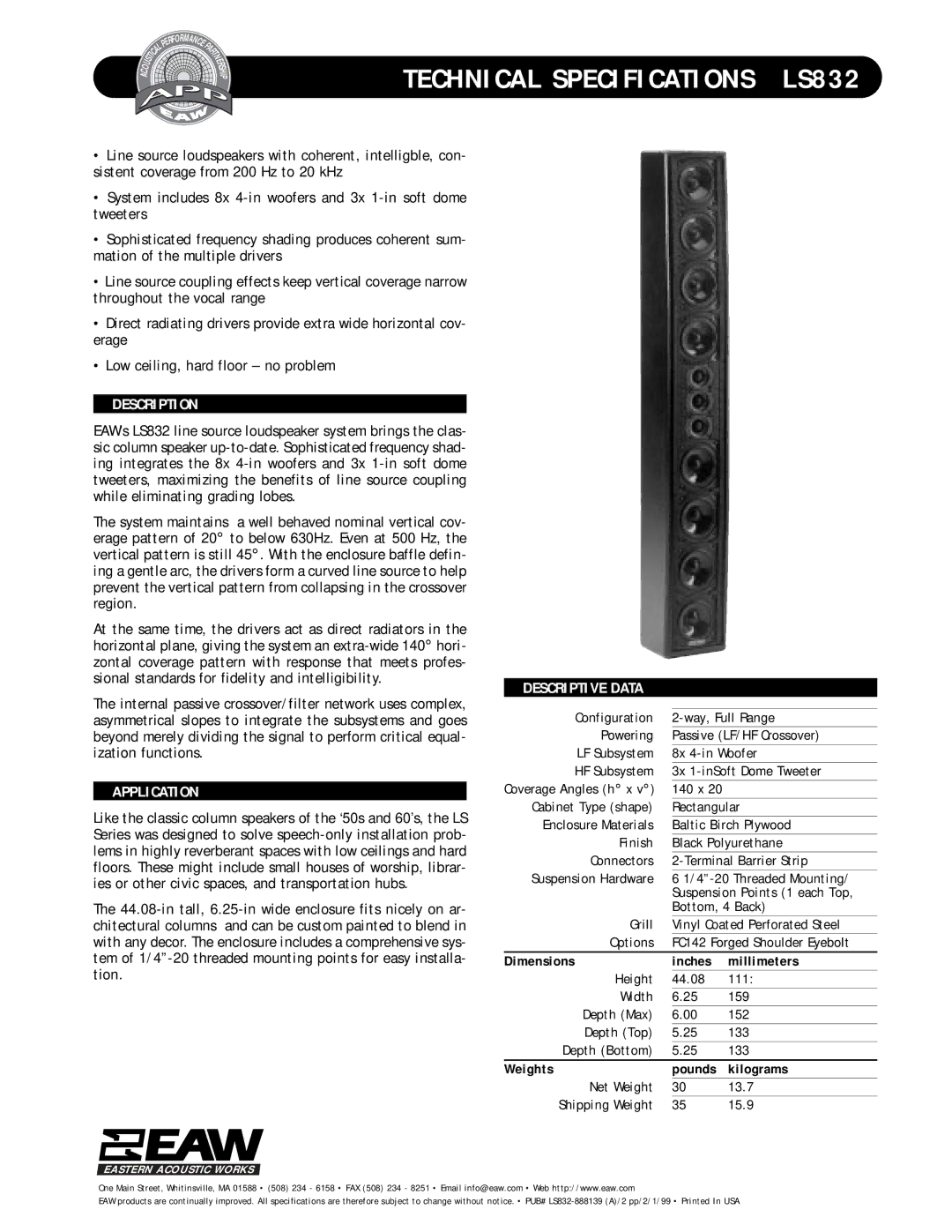 EAW technical specifications Technical Specifications LS832, Description, Application, Descriptive Data 