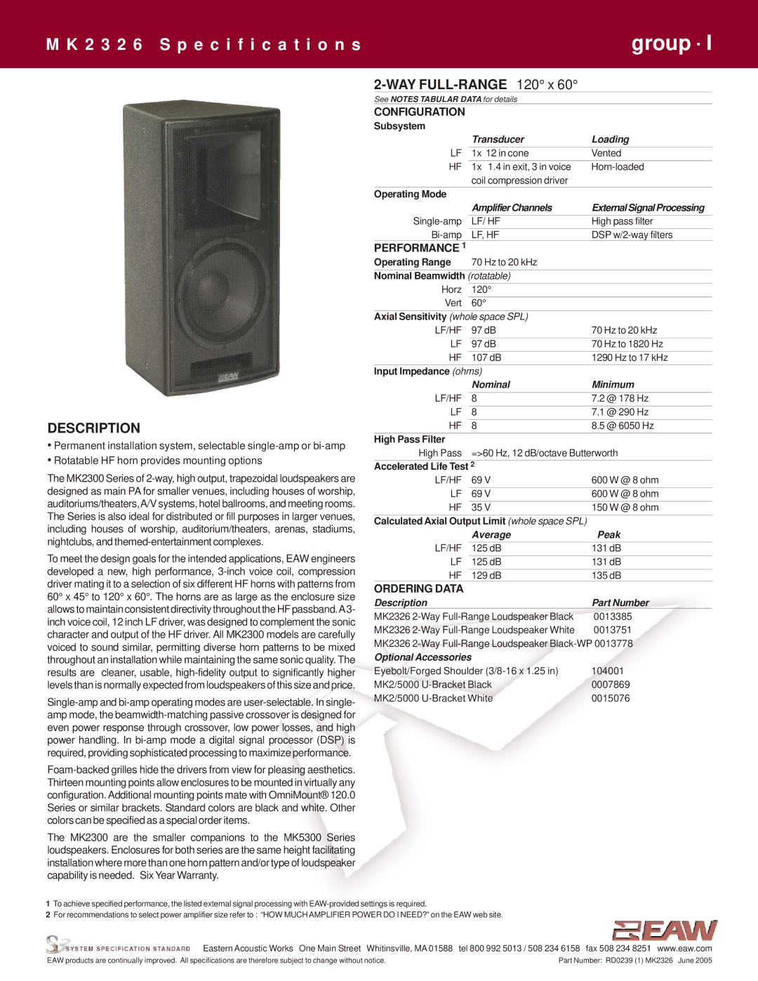 EAW MK2326 specifications Description, Configuration, Performance, Ordering Data 