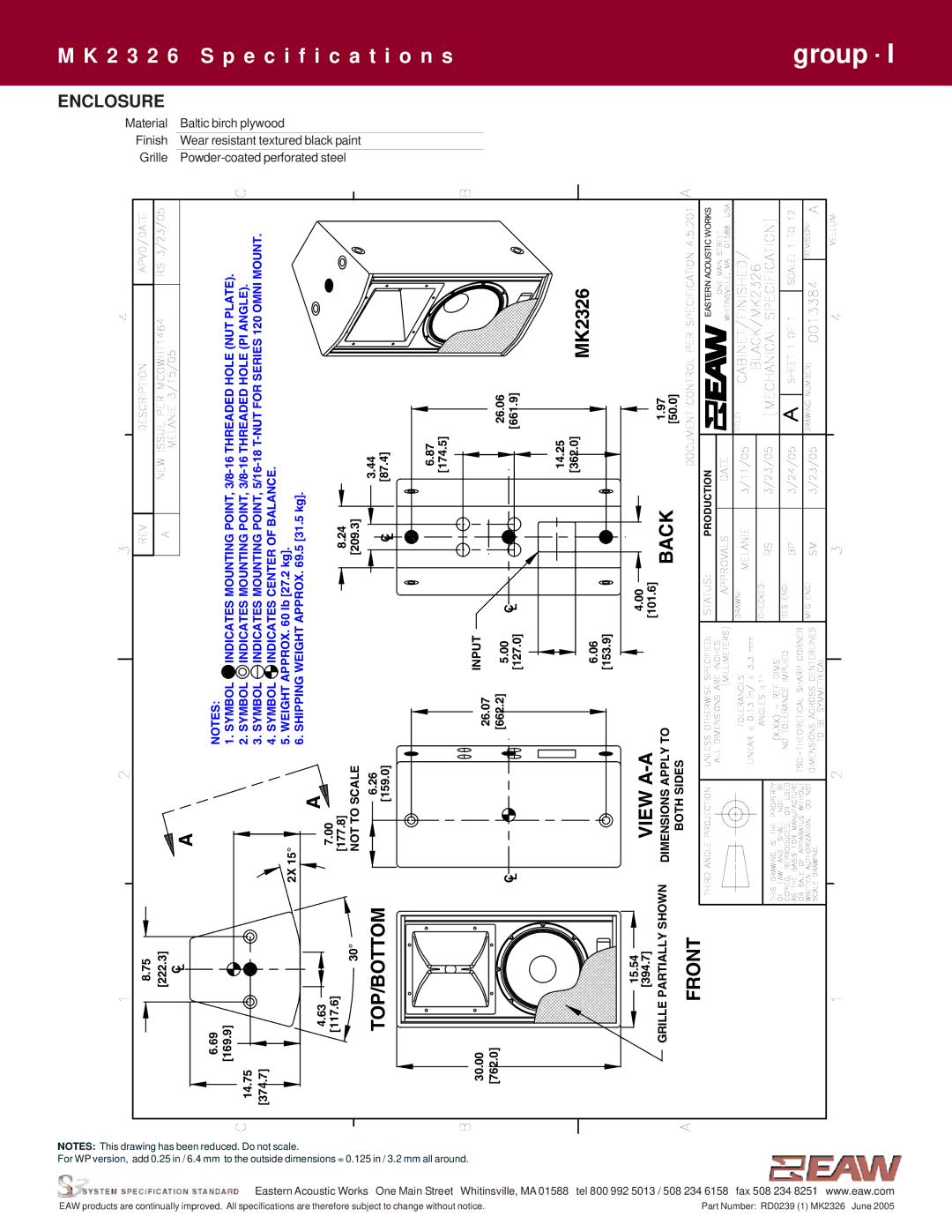 EAW MK2326 specifications To Back, Top/Bottom, Front, Enclosure 