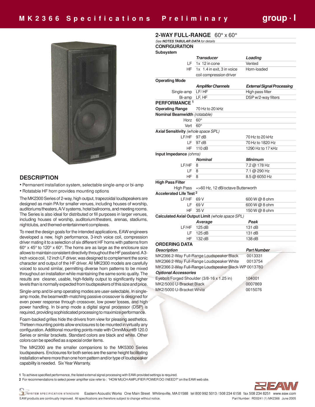 EAW MK2366 specifications Description, Configuration, Performance, Ordering Data 