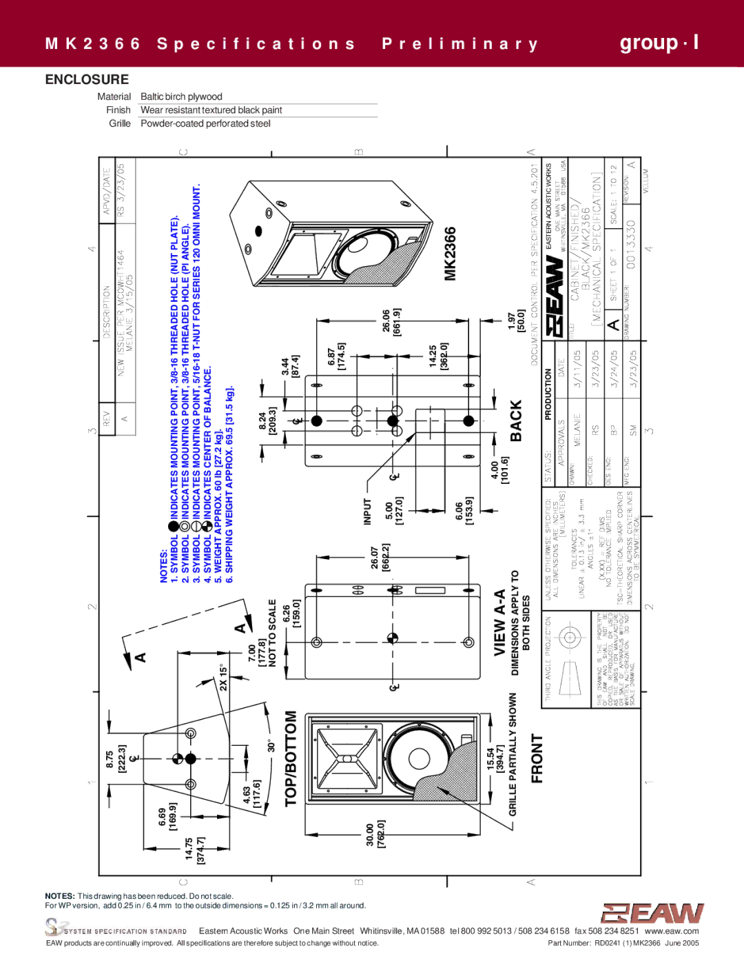 EAW MK2366 specifications To Back, Top/Bottom, Front, Enclosure 