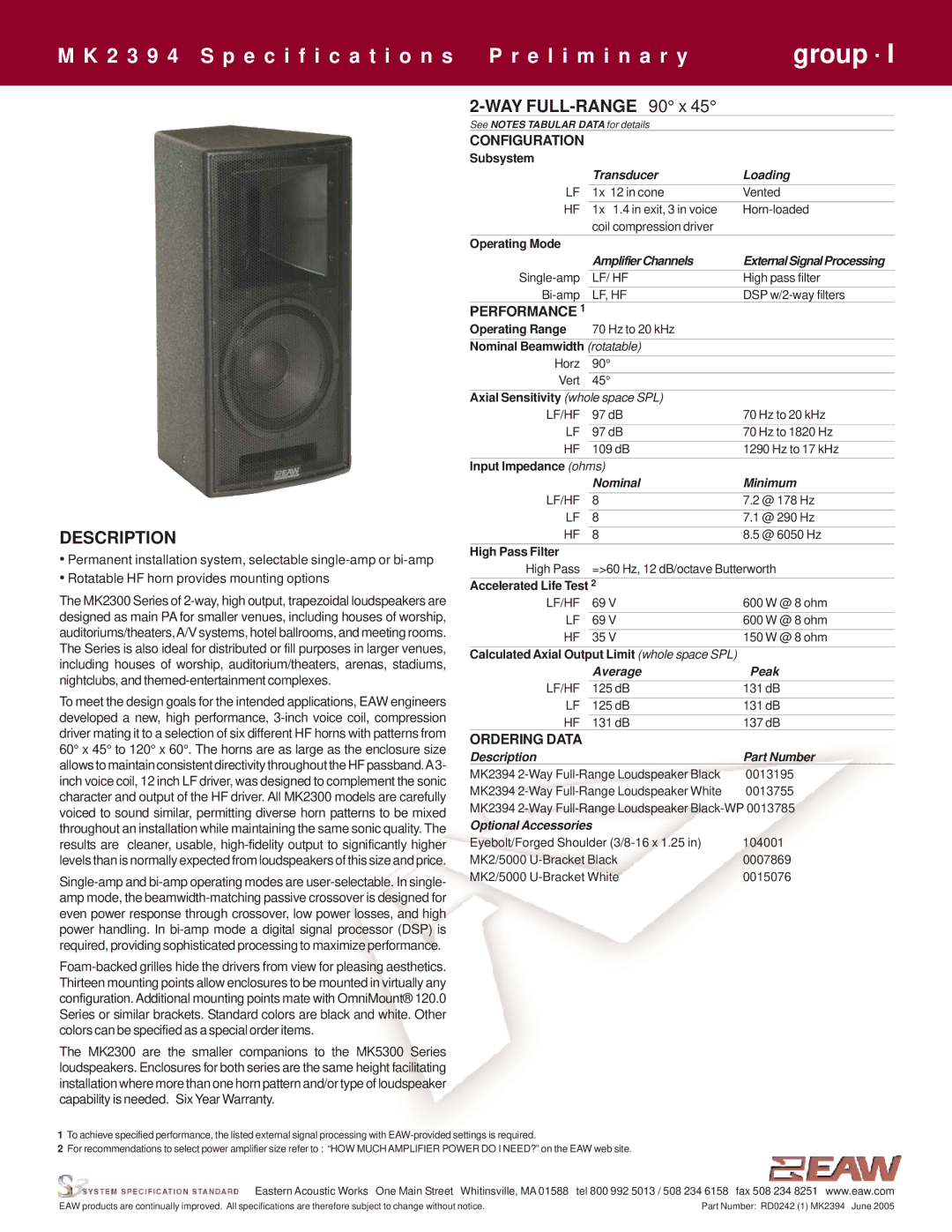 EAW MK2394 specifications Description, Configuration, Performance, Ordering Data 