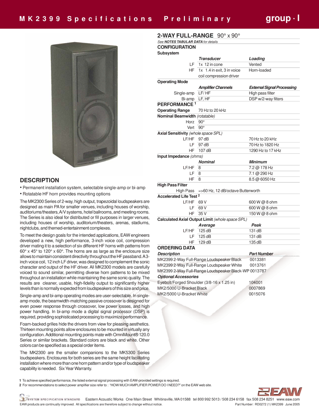 EAW MK2399 specifications Description, Configuration, Performance, Ordering Data 