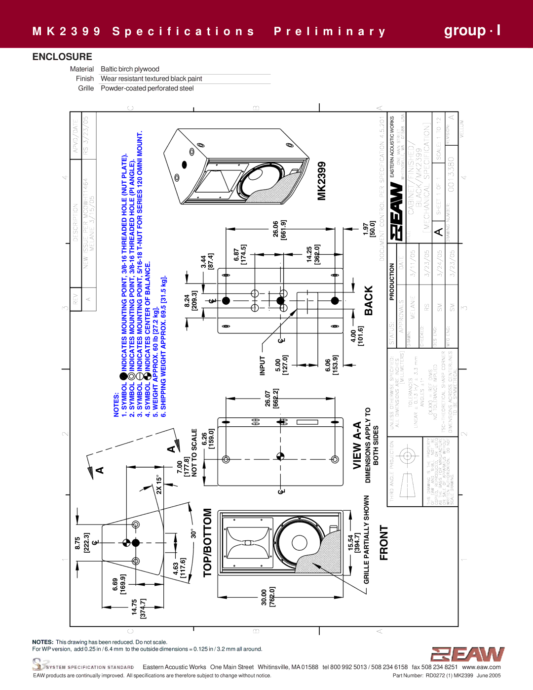 EAW MK2399 specifications To Back, Top/Bottom, Front, Enclosure 