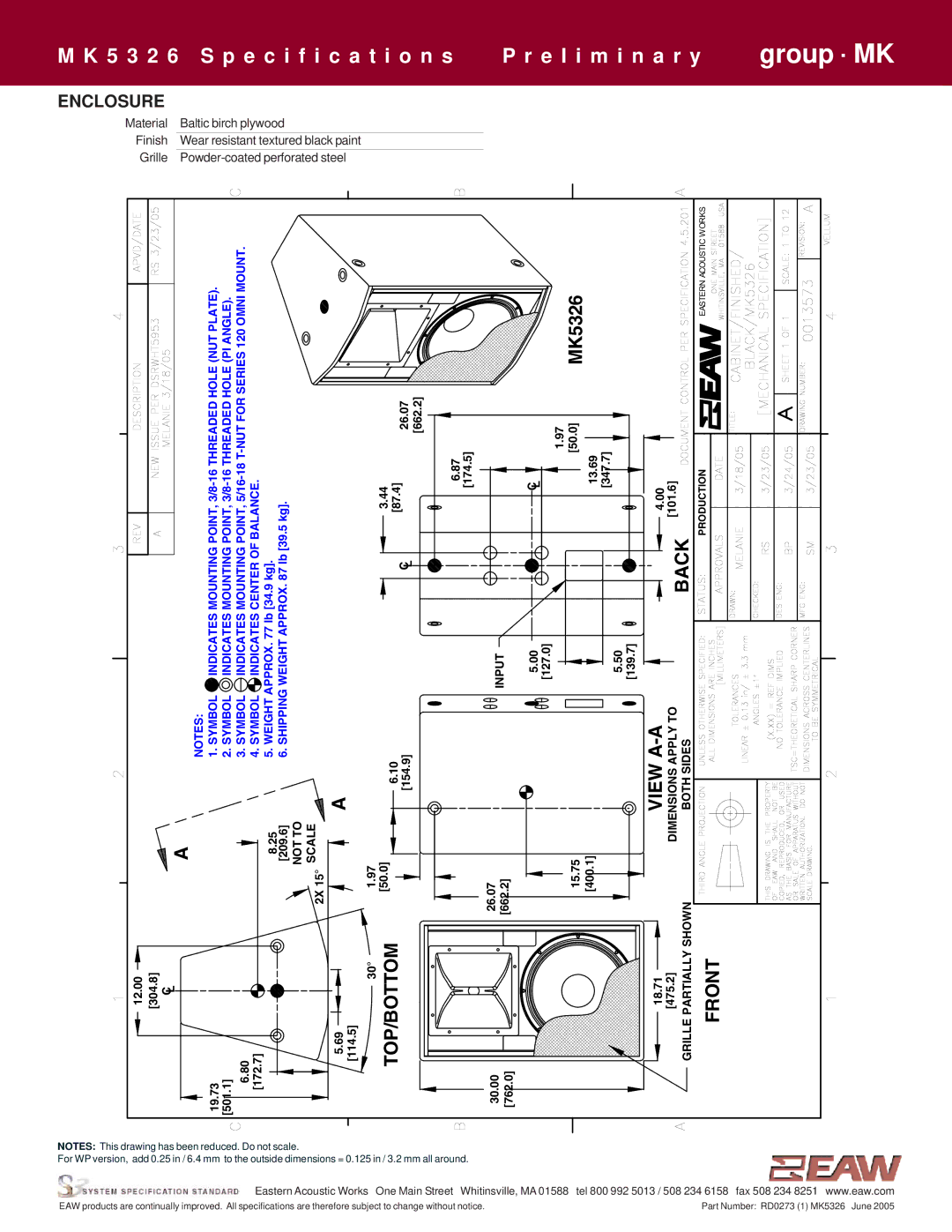 EAW MK5326 specifications Top/Bottom, Back, Front, Enclosure 