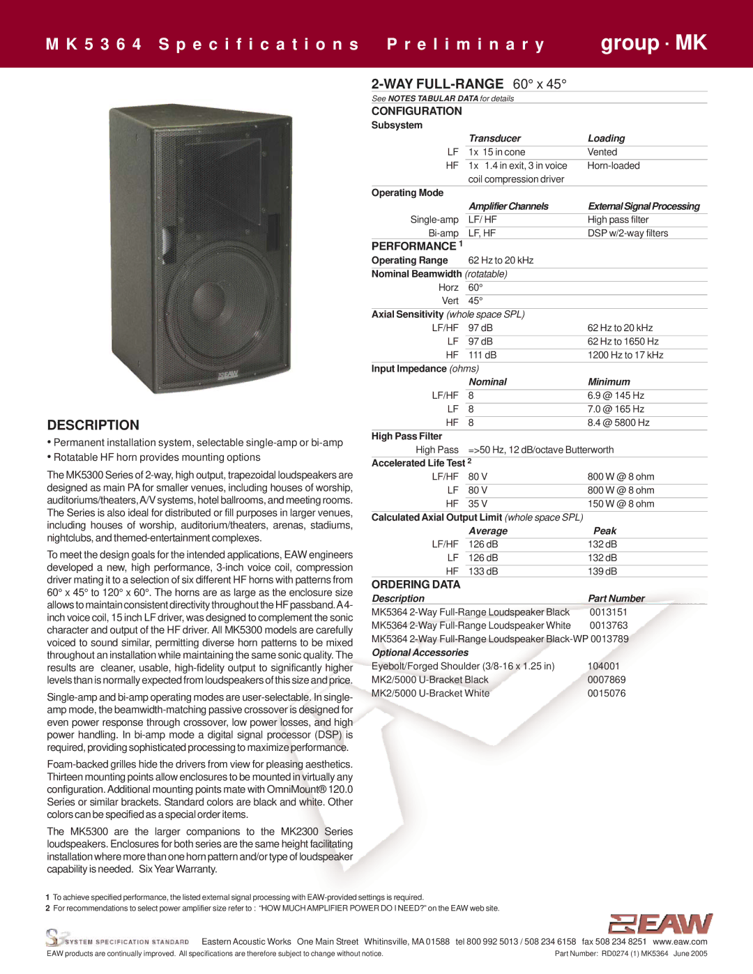 EAW MK5364 specifications Description, Configuration, Performance, Ordering Data 