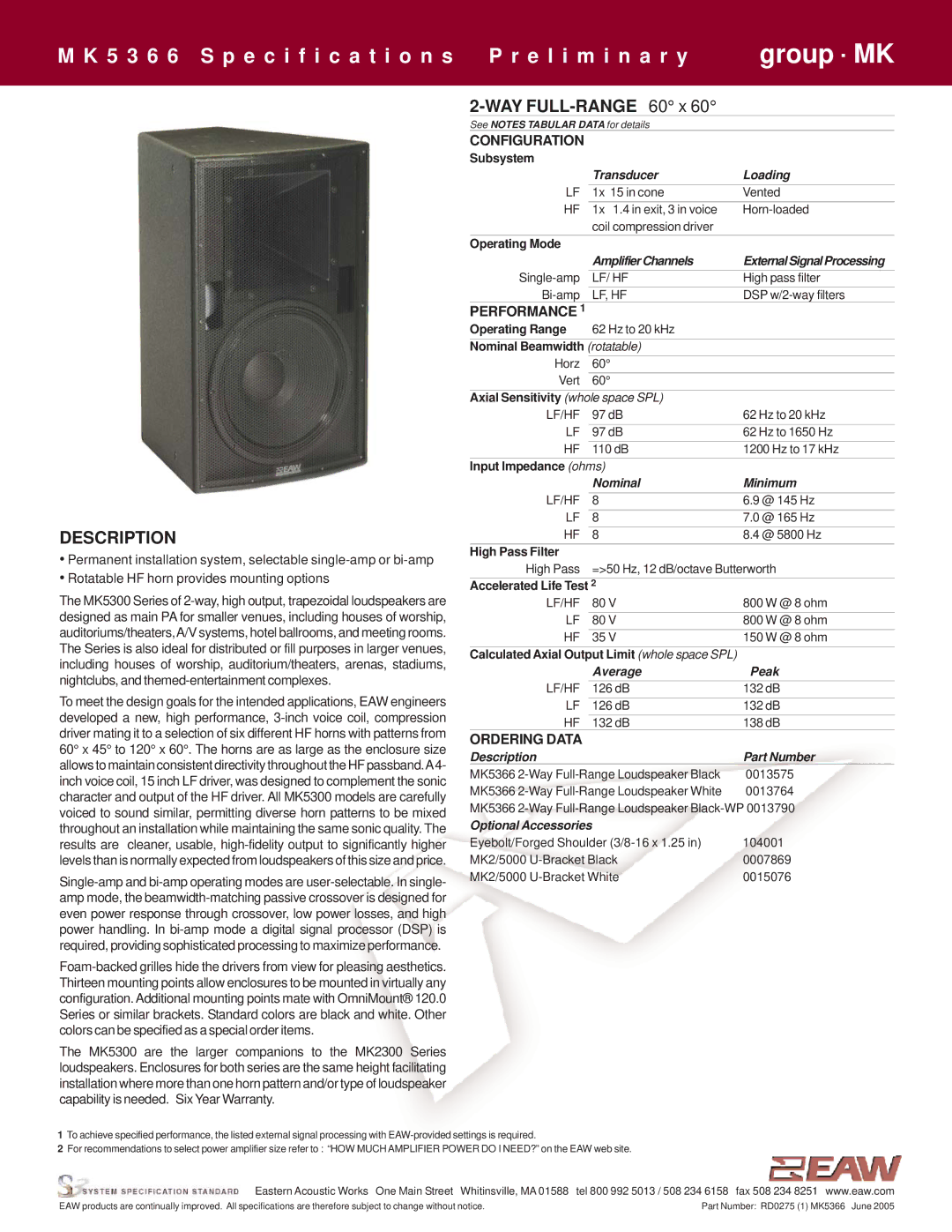 EAW MK5366 specifications Description, Configuration, Performance, Ordering Data 